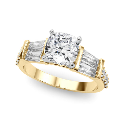 Yellow gold Cushion Solitaire Baguette Side Stone Channel Set Engagement Ring