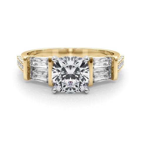 Yellow gold Cushion Solitaire Baguette Side Stone Channel Set Engagement Ring