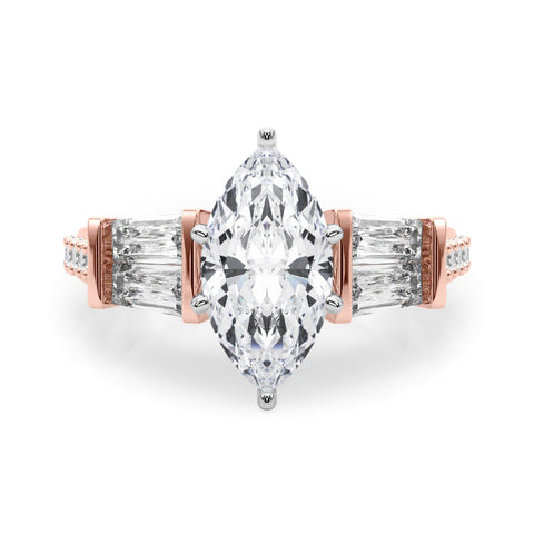 Rose gold Marquise Solitaire Baguette Side Stone Channel Set Engagement Ring