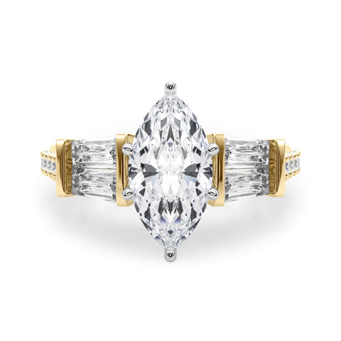 Yellow gold Marquise Solitaire Baguette Side Stone Channel Set Engagement Ring