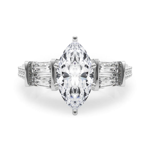 Silver Marquise Solitaire Baguette Side Stone Channel Set Engagement Ring
