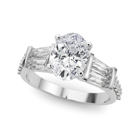 Silver Oval Solitaire Baguette Side Stone Channel Set Engagement Ring