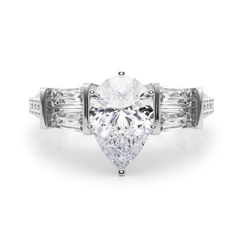 White gold Pear Solitaire Baguette Side Stone Channel Set Engagement Ring