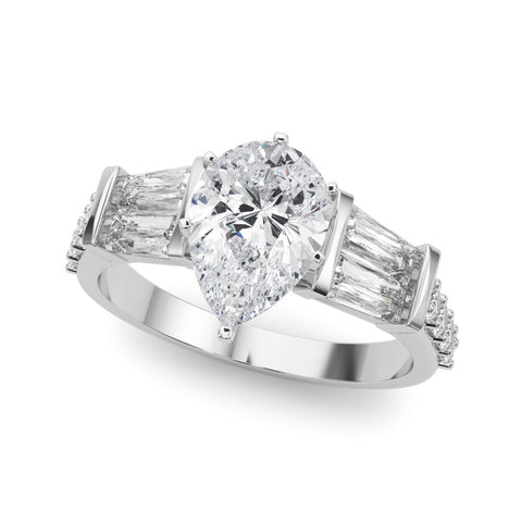 White gold Pear Solitaire Baguette Side Stone Channel Set Engagement Ring