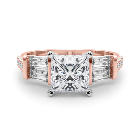 Rose gold Princess Solitaire Baguette Side Stone Channel Set Engagement Ring