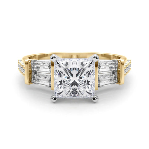 Yellow gold Princess Solitaire Baguette Side Stone Channel Set Engagement Ring