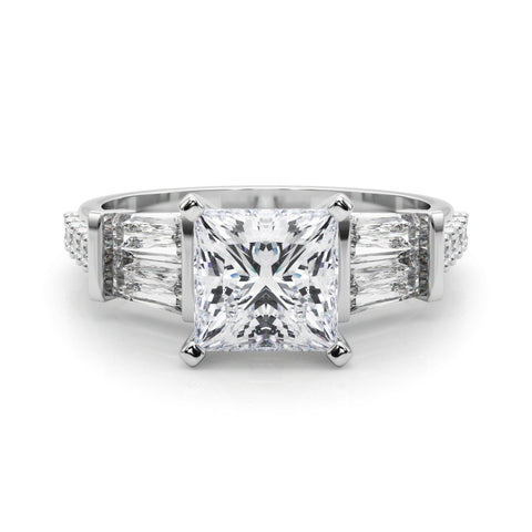 Platinum Princess Solitaire Baguette Side Stone Channel Set Engagement Ring