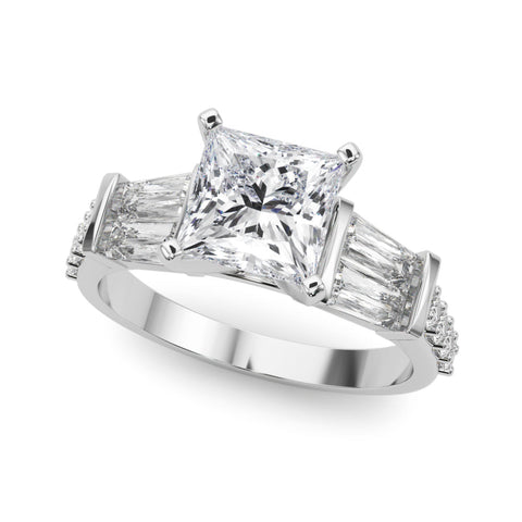 Silver Princess Solitaire Baguette Side Stone Channel Set Engagement Ring