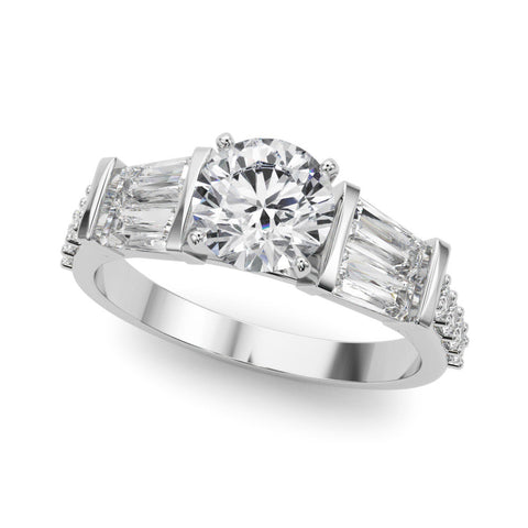Platinum Round Solitaire Baguette Side Stone Channel Set Engagement Ring