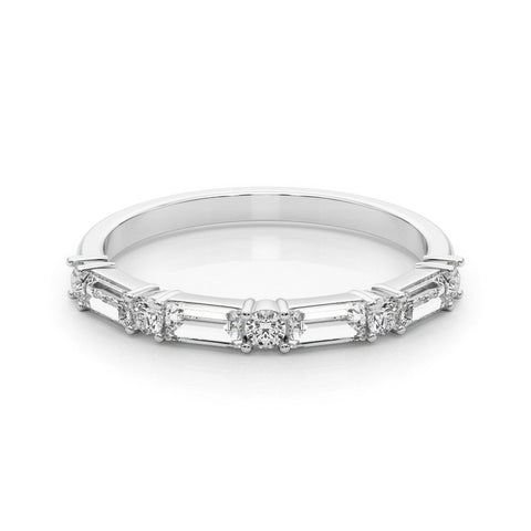 White gold Baguette and Round Diamond Bar Setting Half Eternity Band with Prong Setting