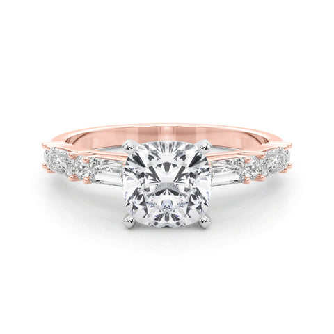 Rose gold Cushion Solitaire with Side Baguettes and Channel Set Band