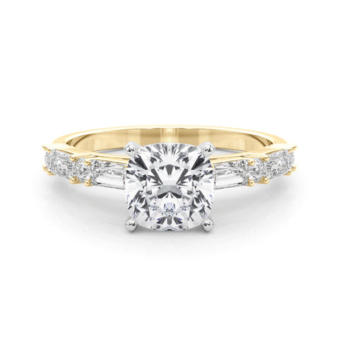 Yellow gold Cushion Solitaire with Side Baguettes and Channel Set Band