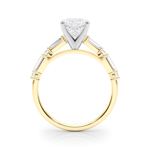 Yellow gold Cushion Solitaire with Side Baguettes and Channel Set Band