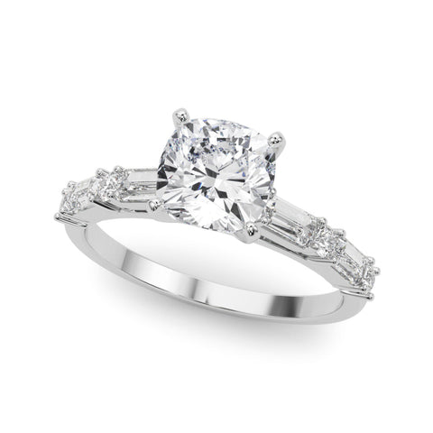 White gold Cushion Solitaire with Side Baguettes and Channel Set Band