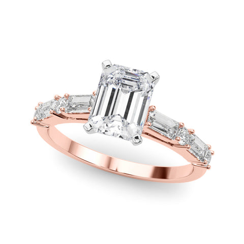 Rose gold Emerald Solitaire with Side Baguettes and Channel Set Band