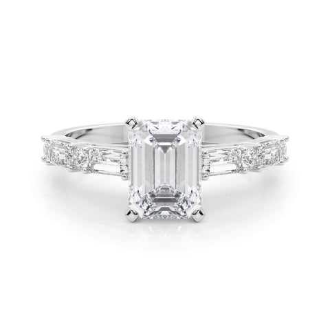 White gold Emerald Solitaire with Side Baguettes and Channel Set Band