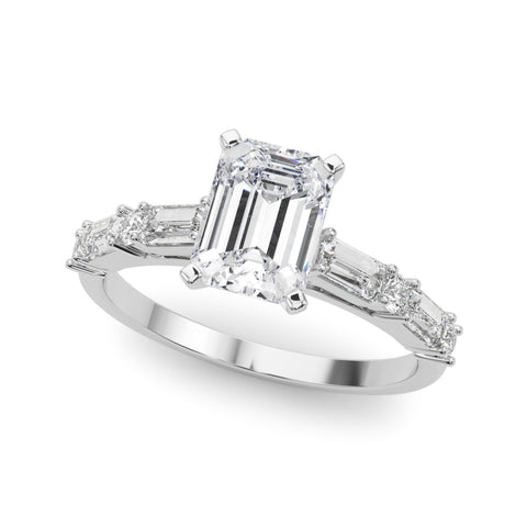 White gold Emerald Solitaire with Side Baguettes and Channel Set Band