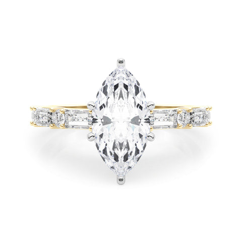 Yellow gold Marquise Solitaire with Side Baguettes and Channel Set Band