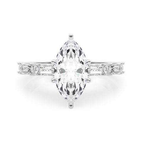 White gold Marquise Solitaire with Side Baguettes and Channel Set Band
