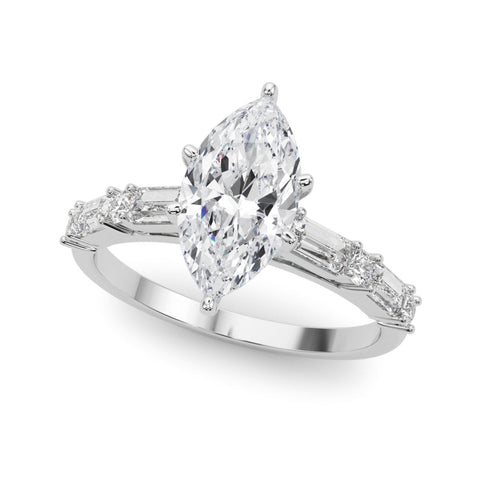 White gold Marquise Solitaire with Side Baguettes and Channel Set Band