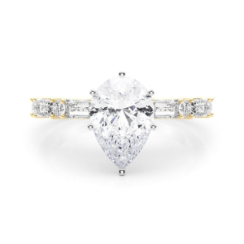 Yellow gold Pear Solitaire with Side Baguettes and Channel Set Band