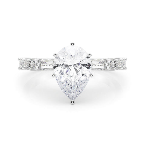 White gold Pear Solitaire with Side Baguettes and Channel Set Band