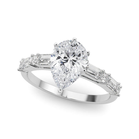 White gold Pear Solitaire with Side Baguettes and Channel Set Band