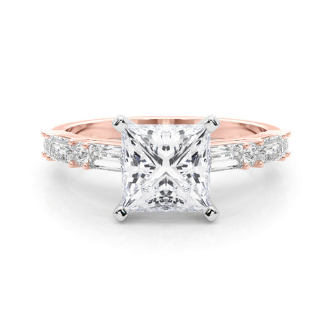 Rose gold Princess Solitaire with Side Baguettes and Channel Set Band