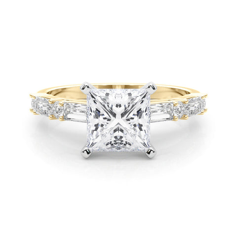 Yellow gold Princess Solitaire with Side Baguettes and Channel Set Band