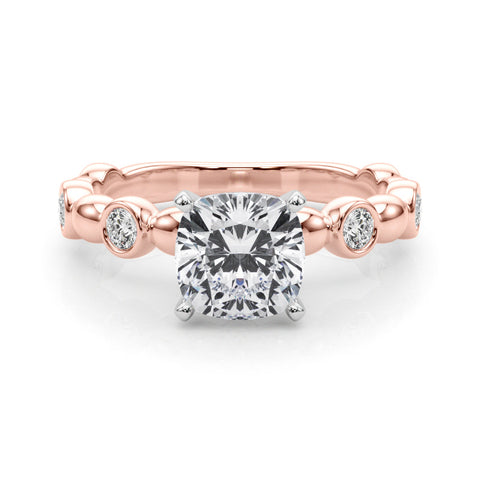 Rose gold Cushion Solitaire Bezel-Set Diamond Ring with Beaded Band and Four-Prong Setting