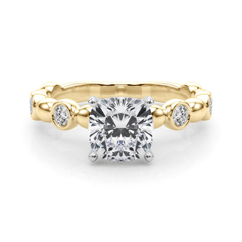 Yellow gold Cushion Solitaire Bezel-Set Diamond Ring with Beaded Band and Four-Prong Setting