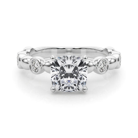 White gold Cushion Solitaire Bezel-Set Diamond Ring with Beaded Band and Four-Prong Setting