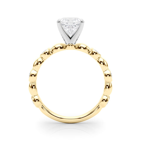 Yellow gold Cushion Solitaire Bezel-Set Diamond Ring with Beaded Band and Four-Prong Setting