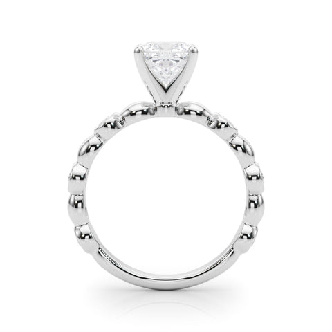 White gold Cushion Solitaire Bezel-Set Diamond Ring with Beaded Band and Four-Prong Setting