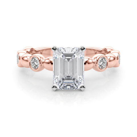 Rose gold Emerald Solitaire Bezel-Set Diamond Ring with Beaded Band and Four-Prong Setting