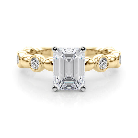 Yellow gold Emerald Solitaire Bezel-Set Diamond Ring with Beaded Band and Four-Prong Setting