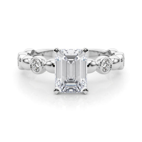 White gold Emerald Solitaire Bezel-Set Diamond Ring with Beaded Band and Four-Prong Setting