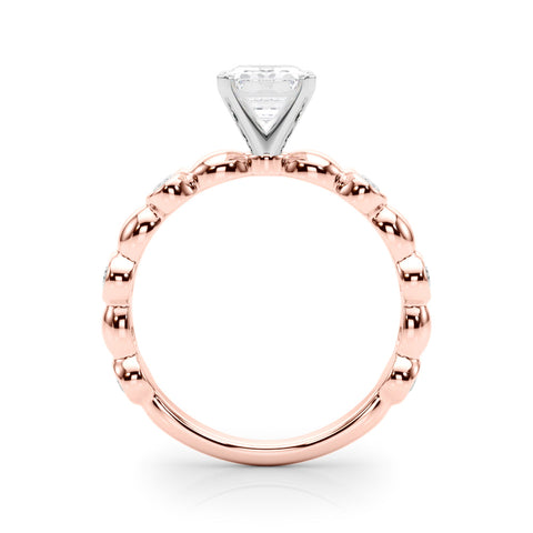 Rose gold Emerald Solitaire Bezel-Set Diamond Ring with Beaded Band and Four-Prong Setting