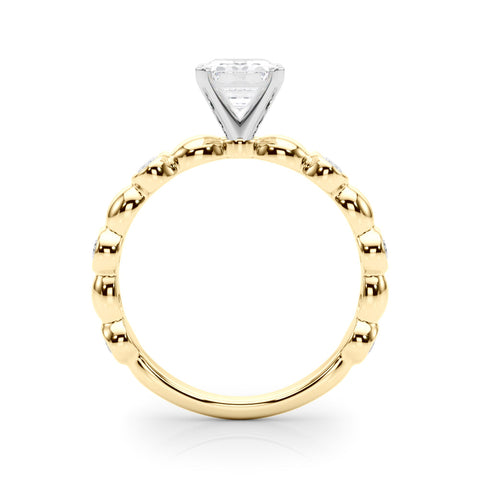 Yellow gold Emerald Solitaire Bezel-Set Diamond Ring with Beaded Band and Four-Prong Setting