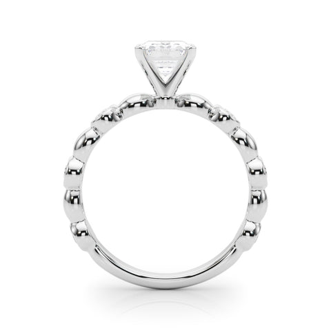 White gold Emerald Solitaire Bezel-Set Diamond Ring with Beaded Band and Four-Prong Setting