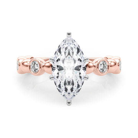 Rose gold Marquise Solitaire Bezel-Set Diamond Ring with Beaded Band and Four-Prong Setting