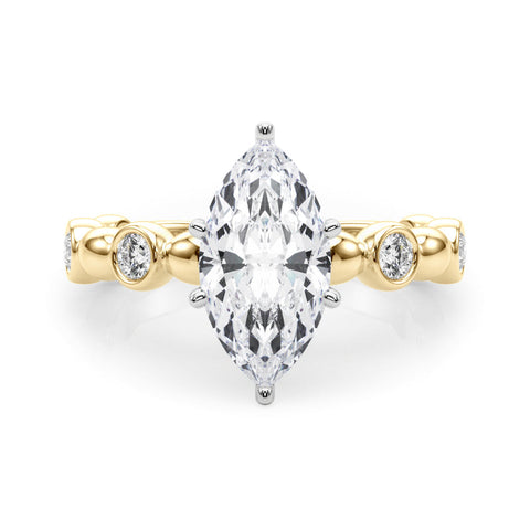 Yellow gold Marquise Solitaire Bezel-Set Diamond Ring with Beaded Band and Four-Prong Setting