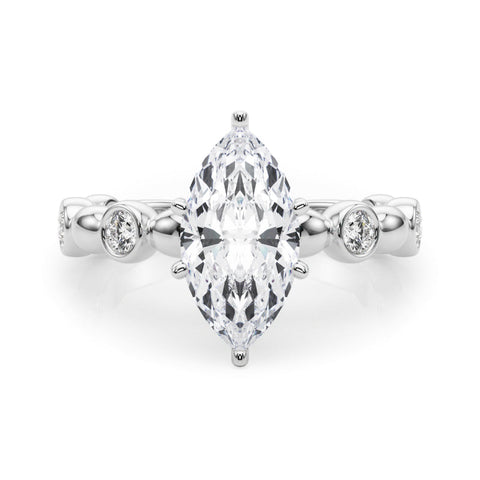 White gold Marquise Solitaire Bezel-Set Diamond Ring with Beaded Band and Four-Prong Setting