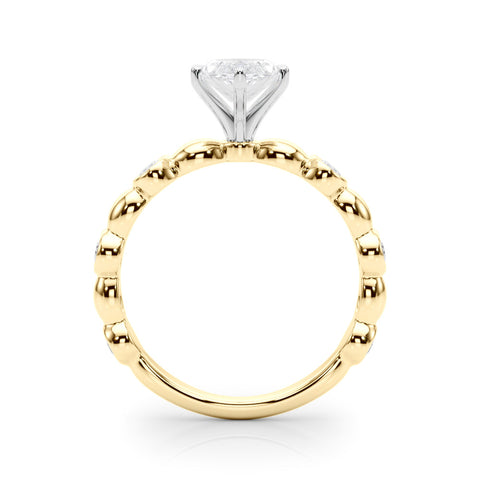 Yellow gold Marquise Solitaire Bezel-Set Diamond Ring with Beaded Band and Four-Prong Setting