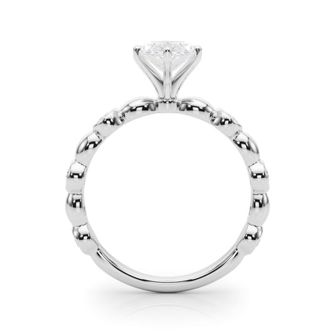 White gold Marquise Solitaire Bezel-Set Diamond Ring with Beaded Band and Four-Prong Setting