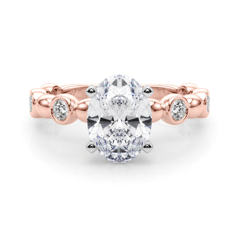 Rose gold Oval Solitaire Bezel-Set Diamond Ring with Beaded Band and Four-Prong Setting