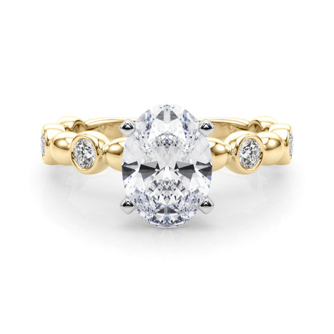 Yellow gold Oval Solitaire Bezel-Set Diamond Ring with Beaded Band and Four-Prong Setting