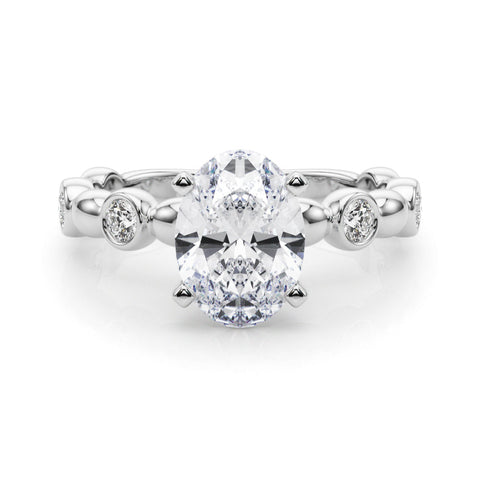 White gold Oval Solitaire Bezel-Set Diamond Ring with Beaded Band and Four-Prong Setting