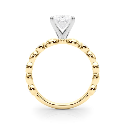 Yellow gold Oval Solitaire Bezel-Set Diamond Ring with Beaded Band and Four-Prong Setting