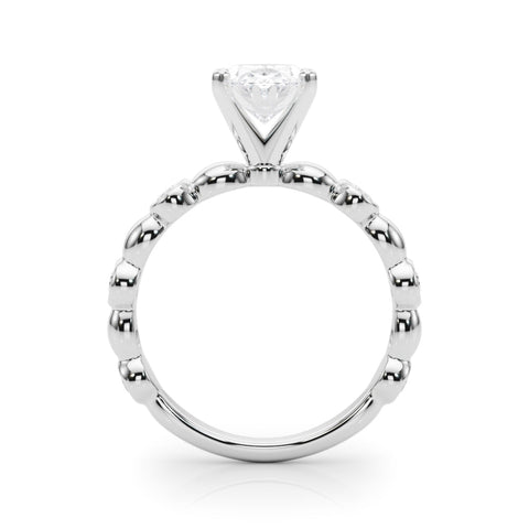 White gold Oval Solitaire Bezel-Set Diamond Ring with Beaded Band and Four-Prong Setting